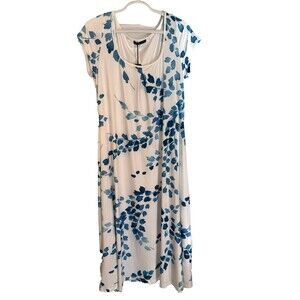 NWT Noracora White Blue Long Maxi Dress Sz. Med Knit Soft Smooth Casual